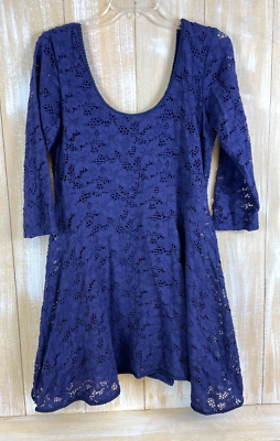 Free People Dress Women's M Blue Lace A Line Mini 3/4 Sleeve Sheer  Sweetheart | eBay