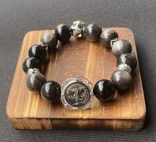 Handmade Natural Obsidian Round Beaded Conch Wukong Stretch Men Women Bracelet