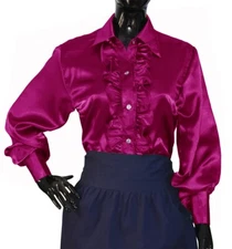 Violet Red Women Satin Button Down Shirt Long Sleeve Front Ruffle Vintage Blouse