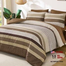 Fall Comforter Set Size,7 Pieces Bed in a Bag Boho Striped Bedding Queen Brown