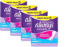 Image of Always Discreet Incontinence Pads Women, Long, 104 High Absorbency Pads 26 x 4