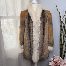 Vintage Red Fox Fur Coat Mid Length Glam Winter White Gray Lined Women's Medium
