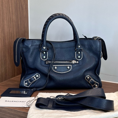 Balenciaga City Goatskin Navy Blue Handbag Detachable Crossbody Strap SHW D