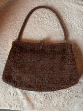 vintage copper bronze, beaded evening bag, floral pattern, and beaded handle