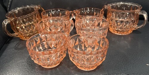 Lot Of  6. Jeannette Windsor Diamond Pink Depression Glass Holiday Cups  2 Sugar
