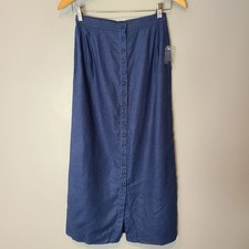 Vtg Paul Harris Design Blue Button Linen Maxi Skirt Women Sz XXS 90s Minimalist