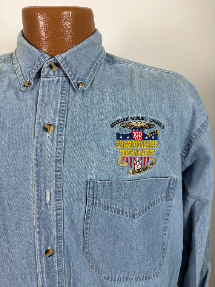 Винтажная мужская джинсовая рубашка American Bowling Congress турнир чемпионата среднего размера - Изображение 3 из 4