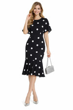 Womens Polka Dot Flutter Sleeve Midi Dress Frill Hem Black AU Stock 6 8 10 12