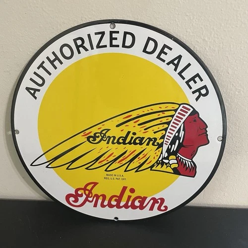 VINTAGE RED INDIAN AUTHORIZED DEALER GASOLINE MOTOR OIL PORCELAIN SIGN