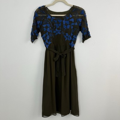 Cynthia Rowley 100% Silk Midi Dress Size 0 Olive Green Blue Embroidered Floral