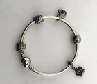 Pandora Sterling Silver Heart Clasp Bangle 18.7g 6.5cm With 5 Pandora Charms