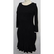BCX Womens S Sweater Dress Knit Black White Trim 3/4 Sleeve Ruffle Career