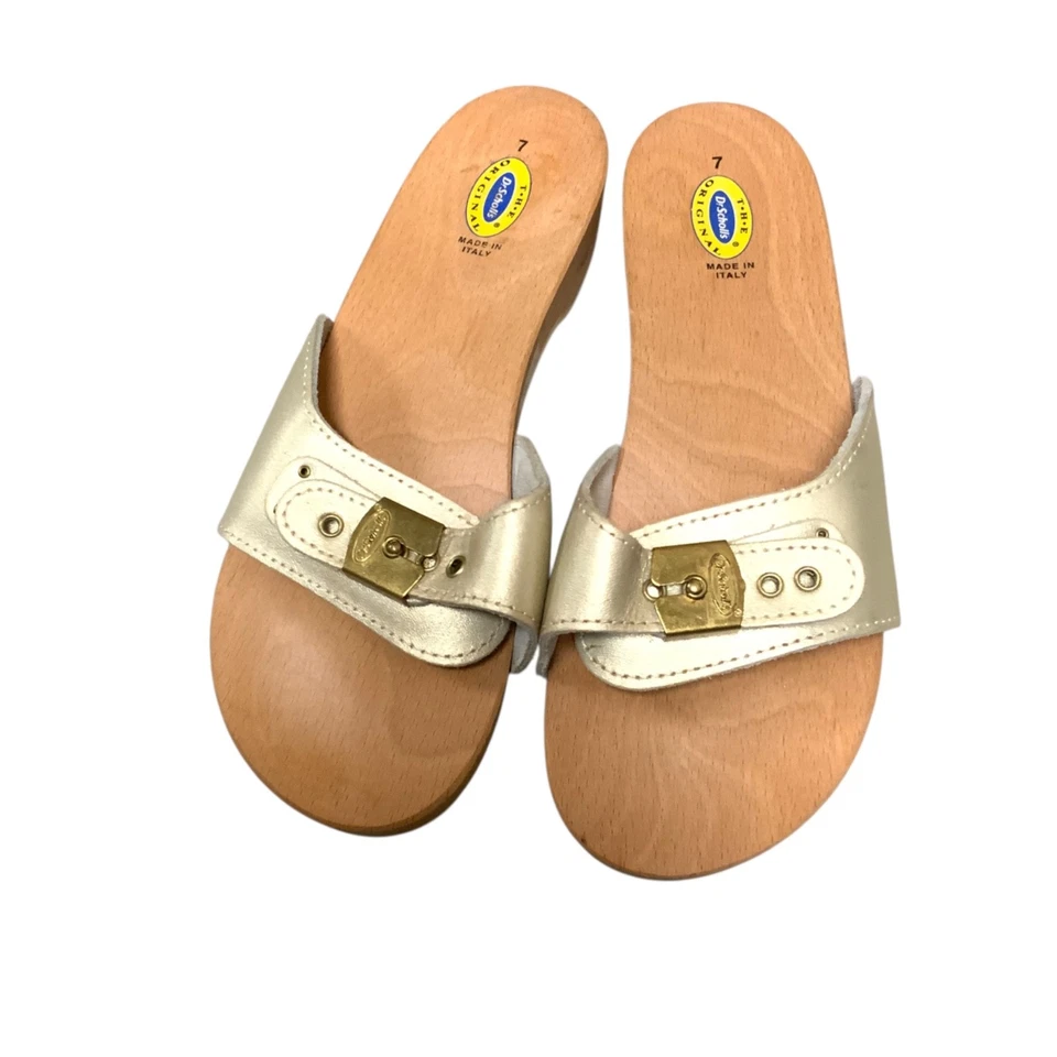 Zueco Sandalia Ejercicio Madera Original Dr Scholls De Colección Dorado Hecho en Italia Talla 7 Foto 2 de 4