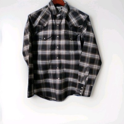 Ely Cattleman Mens Large Shirt Black Plaid Pearl Snaps Long Sleeve Western 
