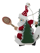 Vintage Emgee Wooden Christmas ornament Santa playing tennis hand painted