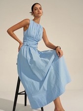 Commense Women’s Blue Solid Poplin Cotton Smocked A-Line Midi Dress S