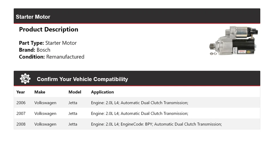 Стартер (восстановленный) 2007 для 2006-2008 Volkswagen Jetta 2,0 л L4 Bosch - Изображение 2 из 4