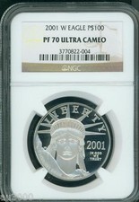 2001-W $100 PLATINUM EAGLE STATUE OF LIBERTY 1 Oz. NGC PF70 PROOF PR70 CAMEO !! 3560.00 per troy oz