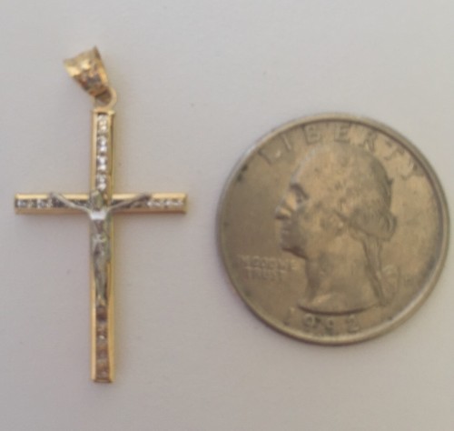 14K Yellow white Solid gold Crucifix Cross Religious Pendant Lab Created Diamond - Picture 5 of 5