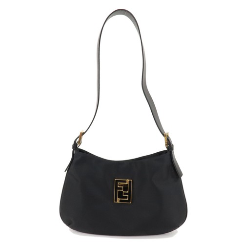 FENDI Logo Shoulder Bag Black Nylon Leather 15330 Auth Used