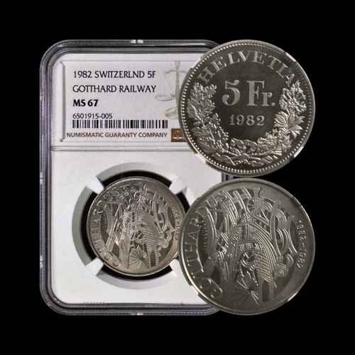 SWITZERLAND. 1982, 5 Francs - NGC MS67 - Gotthard Railway, Radiant Swiss Cross