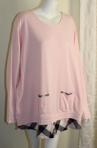 New Blair Sz 3X Pink Pullover with White Black Plaid Art-Wear Pocket Blouse Top - Picture 7 of 7