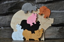 Pig Pile Puzzle Wood Swine Hog Piglet Farm Puzzle Toy Made in USA Figurine