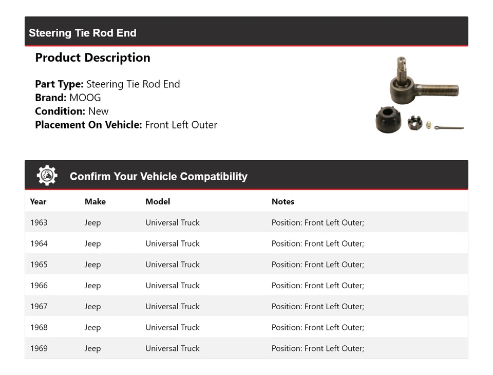 Barra de dirección delantera izquierda exterior MOOG para camioneta Jeep Universal 1963-1969 Foto 2 de 4