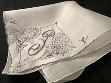 9395 PREMIUM Vintage 40s SMOKE GRAY Madeira Monogram J Wedding Handkerchief