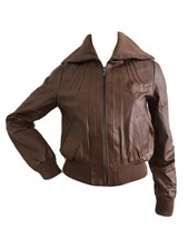 Retro 70's Style Tan Brown Leather Fitted Bomber Jacket Uk 8 Eu 36 Us 4 S Bnwt