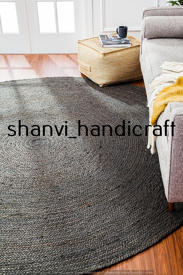 Braided Round Reversible 150x150 CM Natural Black Color Jute Rug Floor Mat Decor - Image 2 of 4