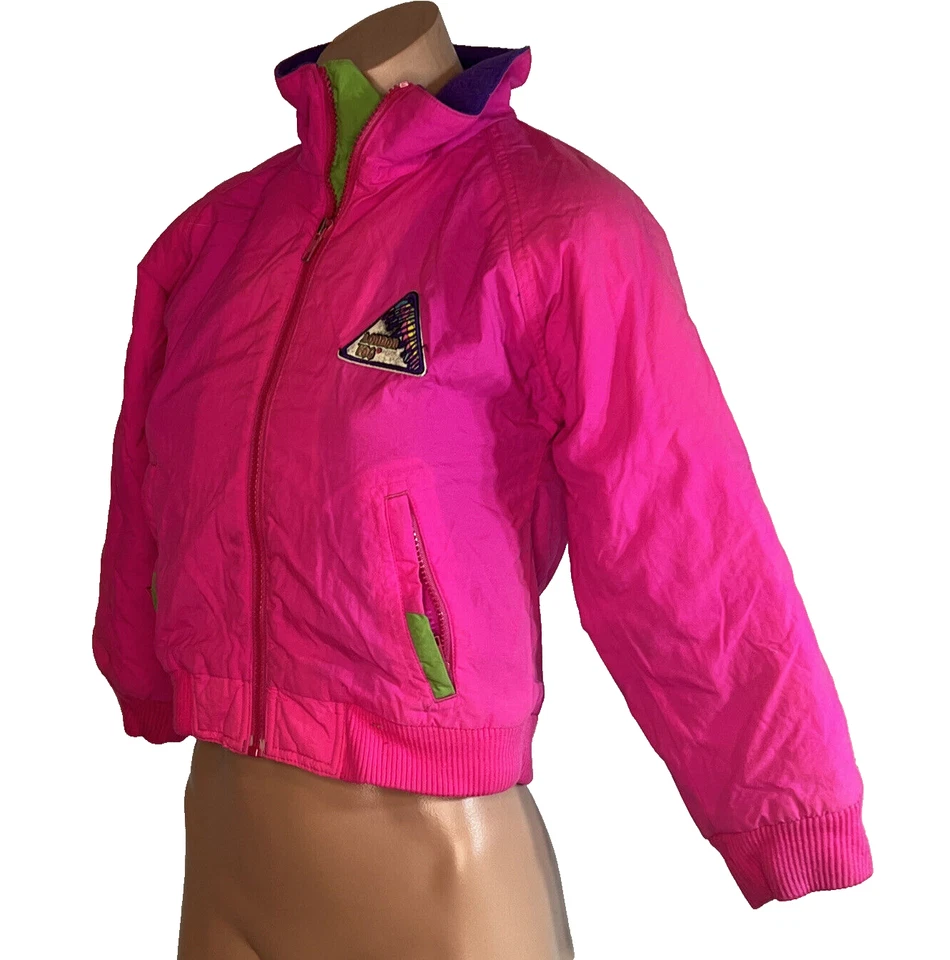 Chaqueta antiniebla vintage London niñas S 7-8 rosa neón esquí nieve cremallera completa rosa púrpura Foto 3 de 4