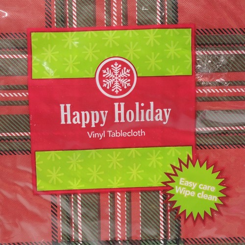 Elrene Christmas Holiday Vinyl Tablecloth Round 60" Red & Green Plaid - Picture 3 of 8