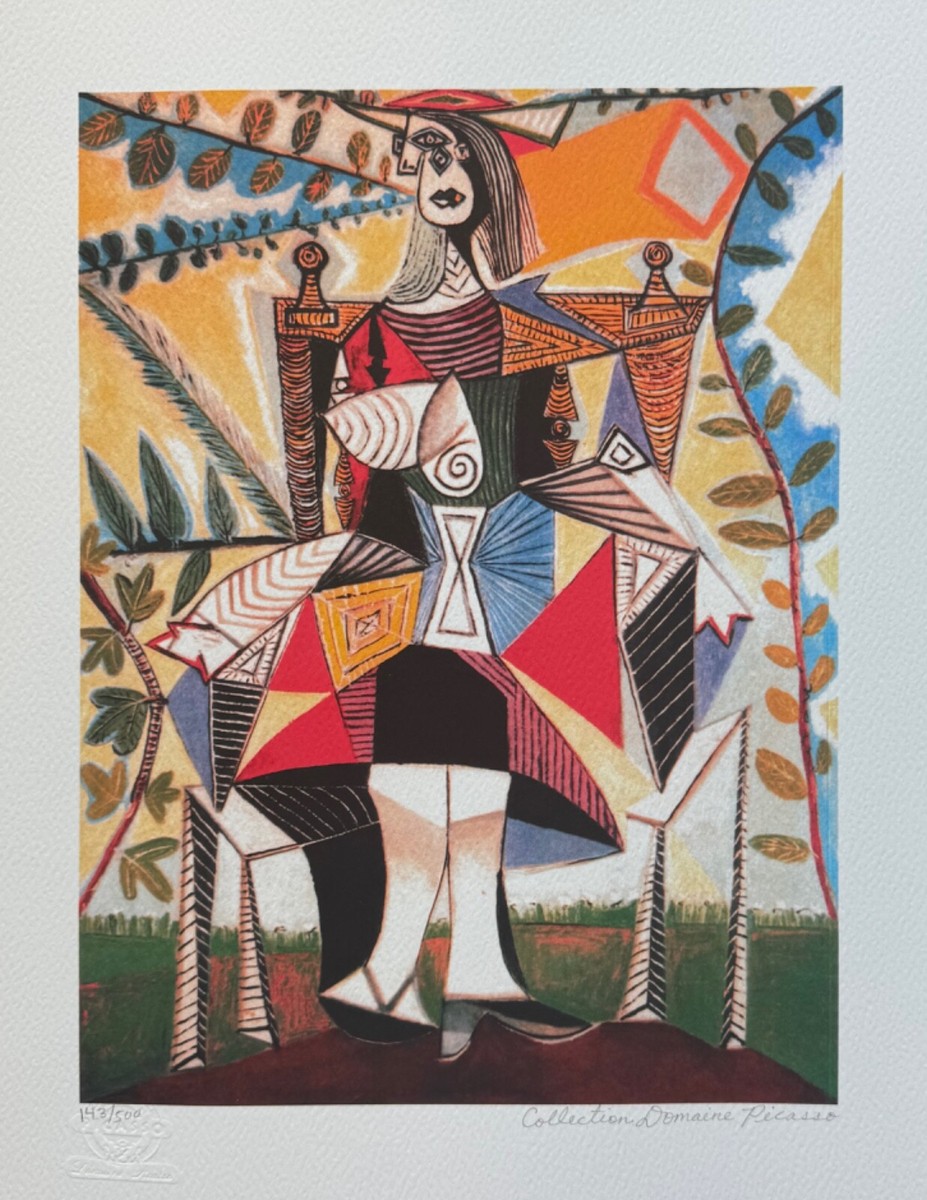 Pablo　Picasso、ワイングラス、希少な額装用画集より、新品高級額装付 Pablo Picasso GIRL IN COLORFUL DRESS Estate Signed Limited Edition