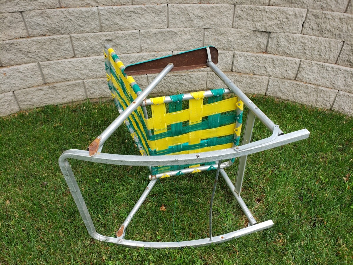 Early Vintage Aluminum Webbed Folding Rocking Lawn Chair Green