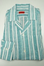 Isaia Bright Teal White Striped Long Sleeve 100 Linen Dress Shirt 15.5/39 NEW