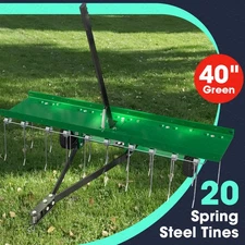40" Green Dethatcher Tow Behind Lawn rake Sweeper W/ Transport Handle Rust-proof