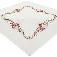 Tischdecke Weihnachten Plauener Spitze Mitteldecke Weiß 85X85 Stickerei Rot Gold