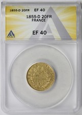 1855-D France Gold 20 Francs XF EF 40 ANACS