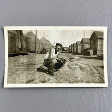Vintage Photo Handsome Man Baseball Mitt Posing On Army Base Barracks ?