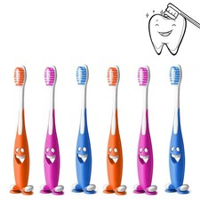 6 Pc Happy Face Toothbrush Kids Soft Bristles Suction Cup Stand Toddler Fun Kids
