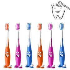 6 Pc Happy Face Toothbrush Kids Soft Bristles Suction Cup Stand Toddler Fun Kids