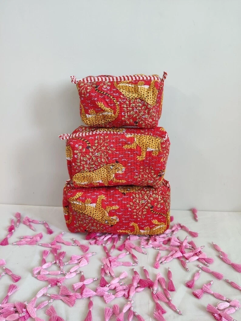 Indian Red Tiger Cotton Quilted Toiletry Purse Cosmetic Storage Bag Of 3 Pc US