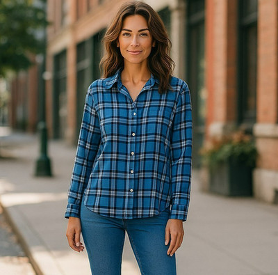 J Jill Womens Small Blue Plaid Long Sleeve Casual Button Up Collared Shirt Hi Lo