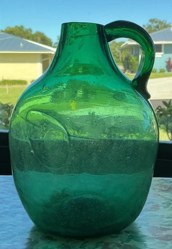 New ListingVintage Green Blown Blenko Jug 7” Gorgeous Bubble In Glass Rough Pontil