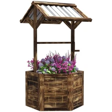 Outsunny Wooden Wishing Well Planter, Raised Garden Bed with Galvanized Canopy, 