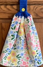 Double hanging kitchen towel Spring flowers garden crocheted blue top