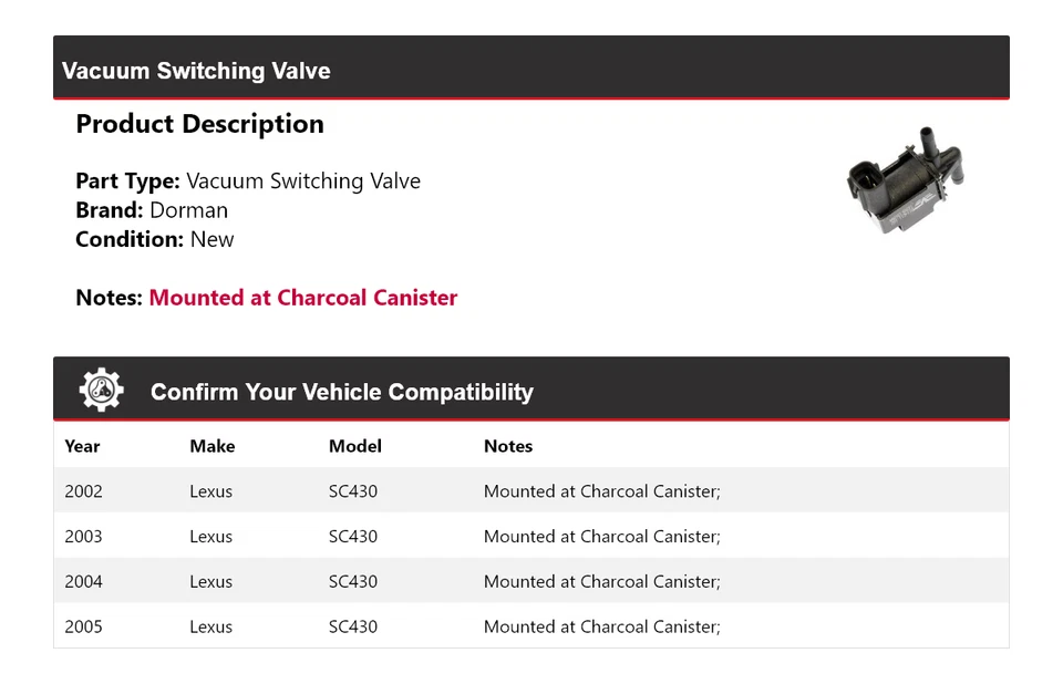 Válvula de conmutación de vacío Dorman 2003 2004 para Lexus SC430 2002-2005 Foto 2 de 4