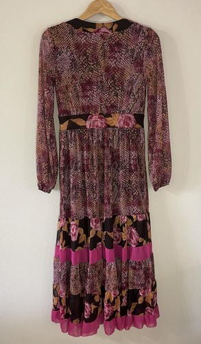 IMAN Animal Print Brown Pinks Floral Midi Maxi Dress Size Small VNeck LongSleeve - Picture 3 of 9