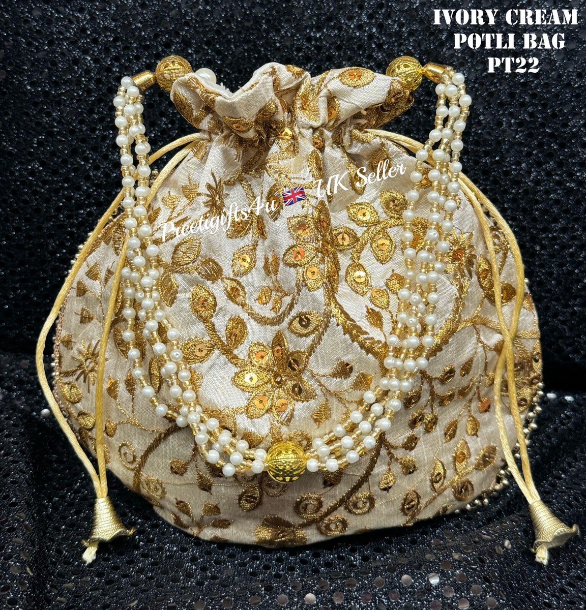 Potli Bag Ivory Cream Clutch Drawstring Pouch Indian Bridal Party  Embroidery Bag